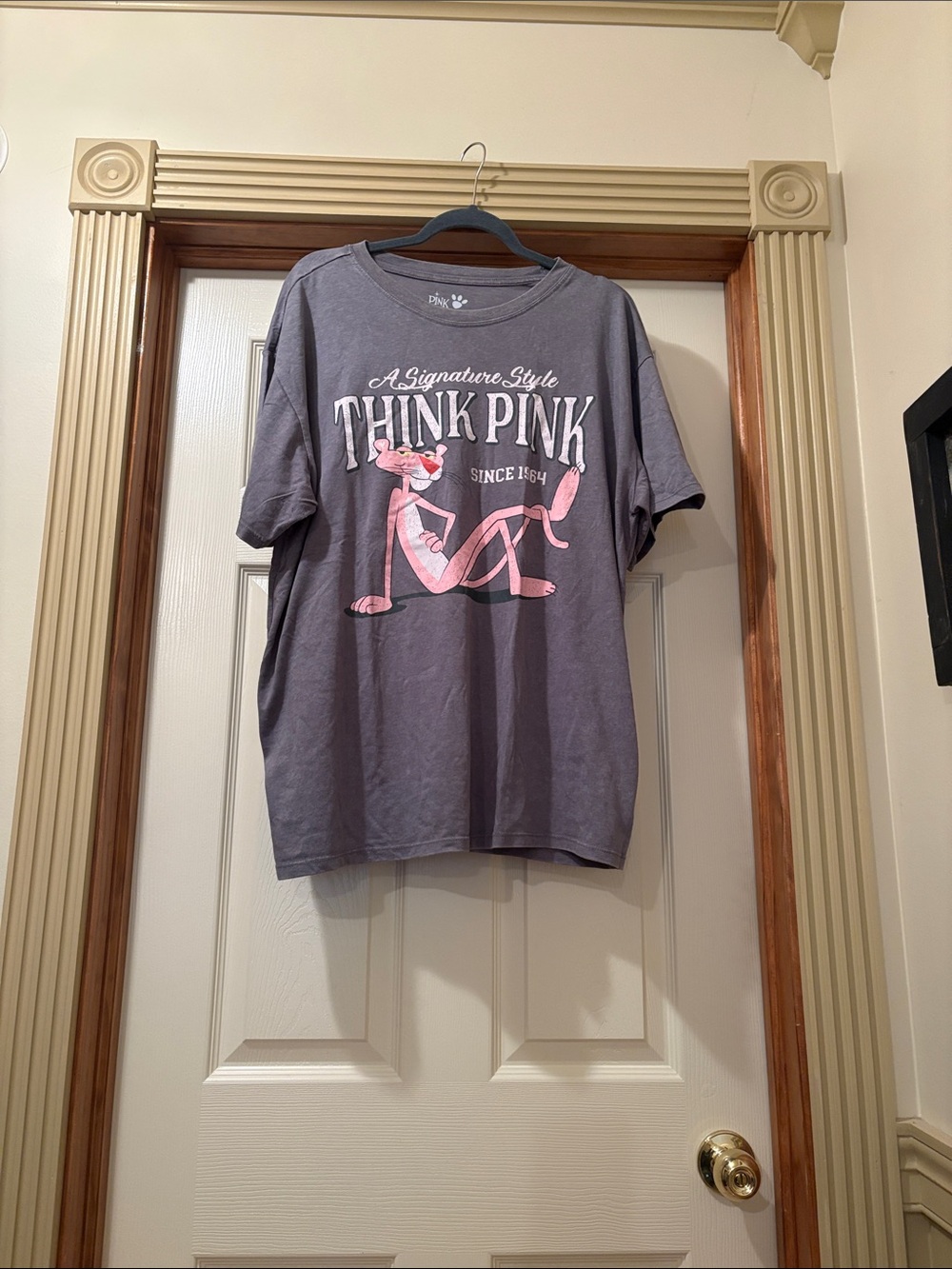 Gray Short Sleeve Tee with Pink Panther Graphic